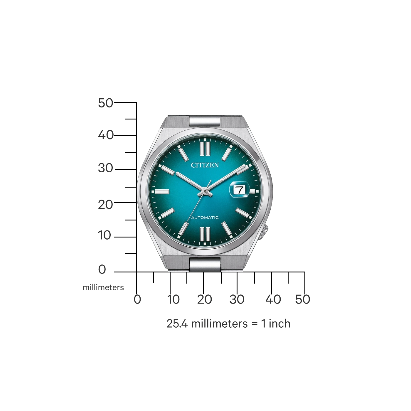 Citizen automatische horloge met turkoois wijzerplaat en millimeterschaal