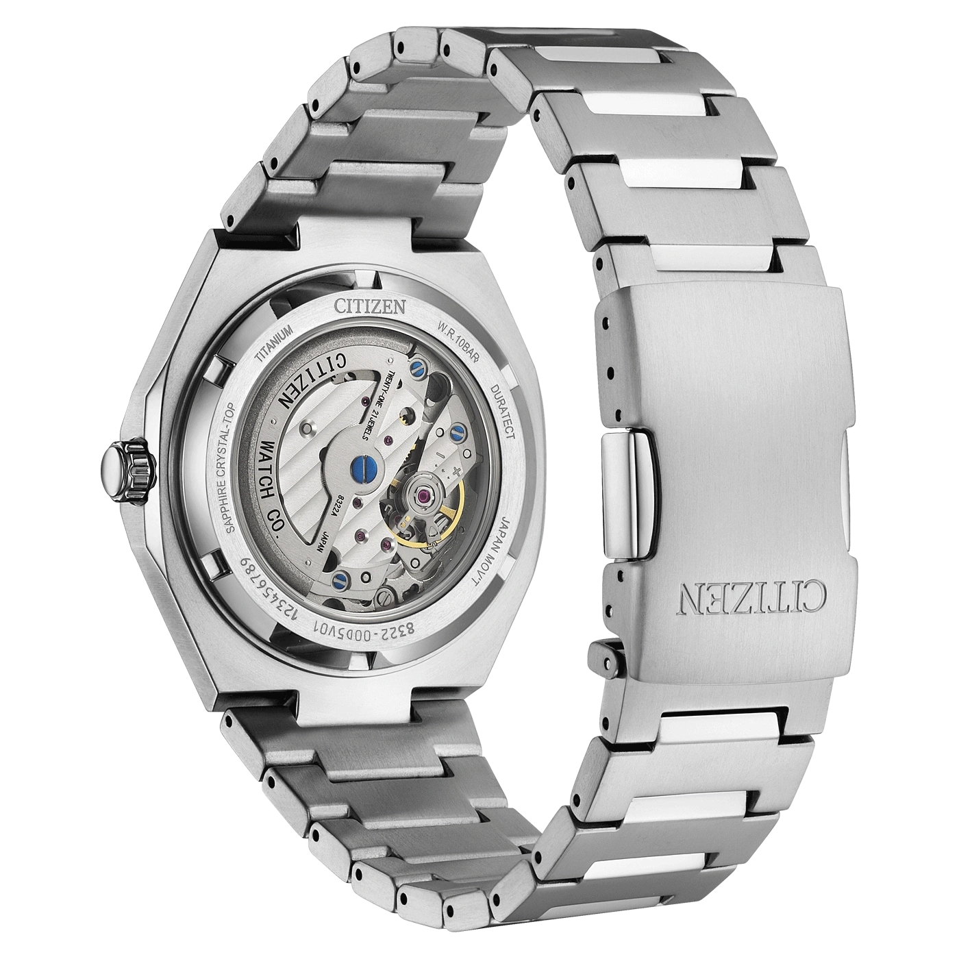 Montre Citizen en titane avec fond ouvert et bracelet en métal.