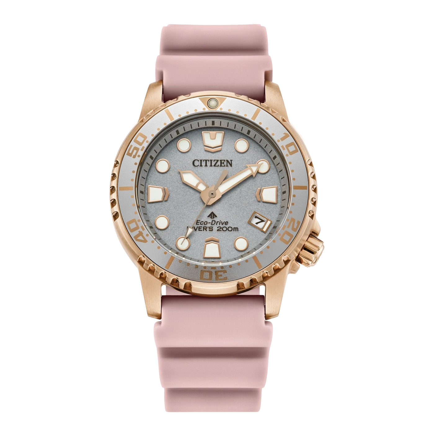 Montre Citizen rose avec bracelet en caoutchouc rose.