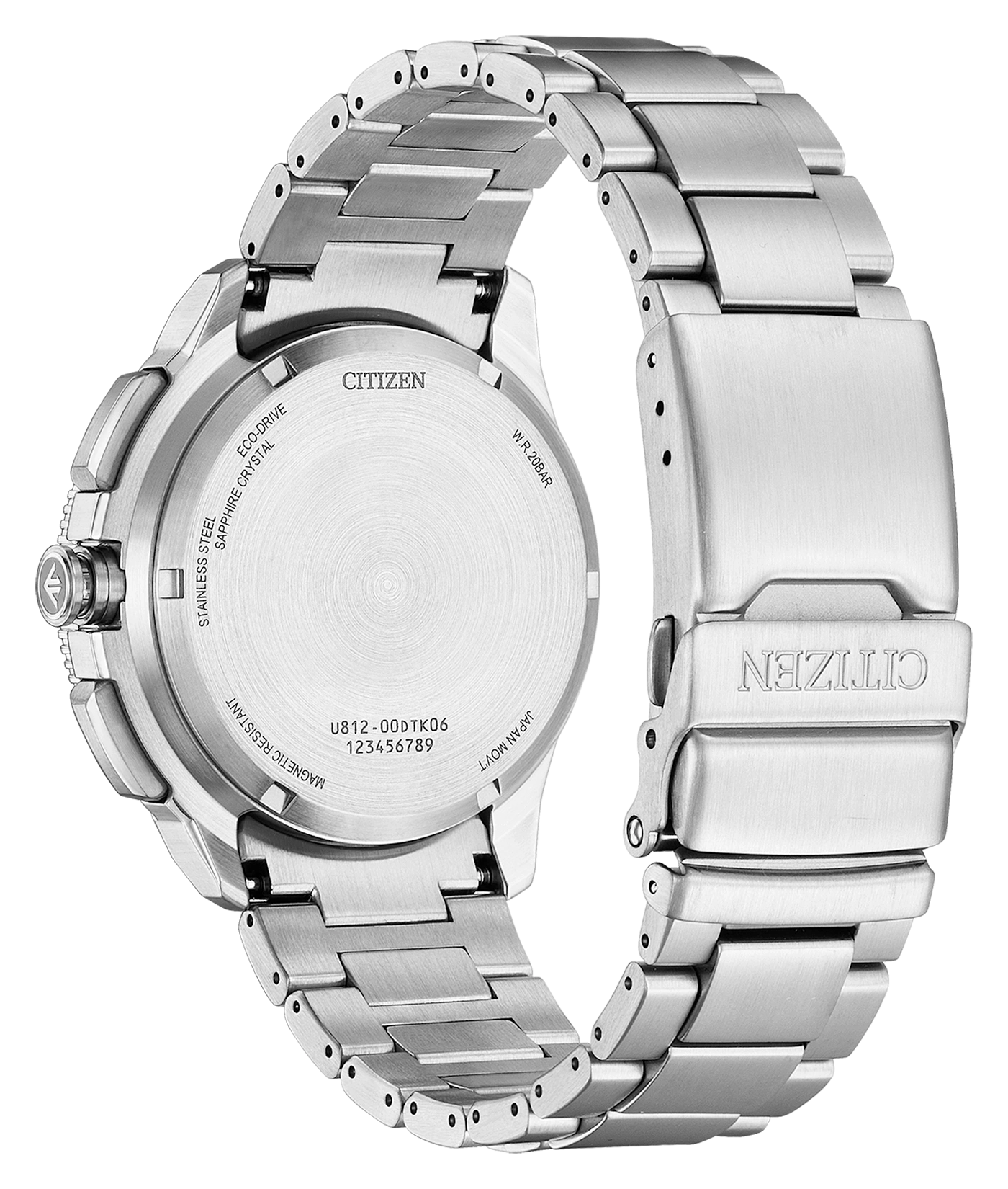 Rückseite einer Citizen-Uhr aus Edelstahl mit Metallarmband