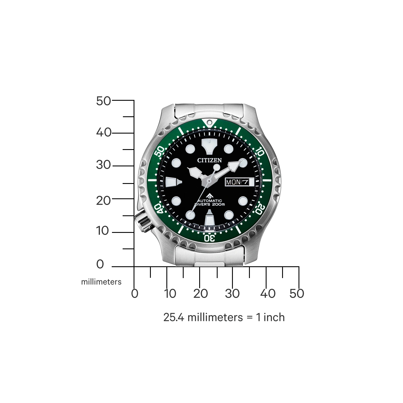 Une montre de plongée Citizen avec une lunette verte et des marques de mesure.