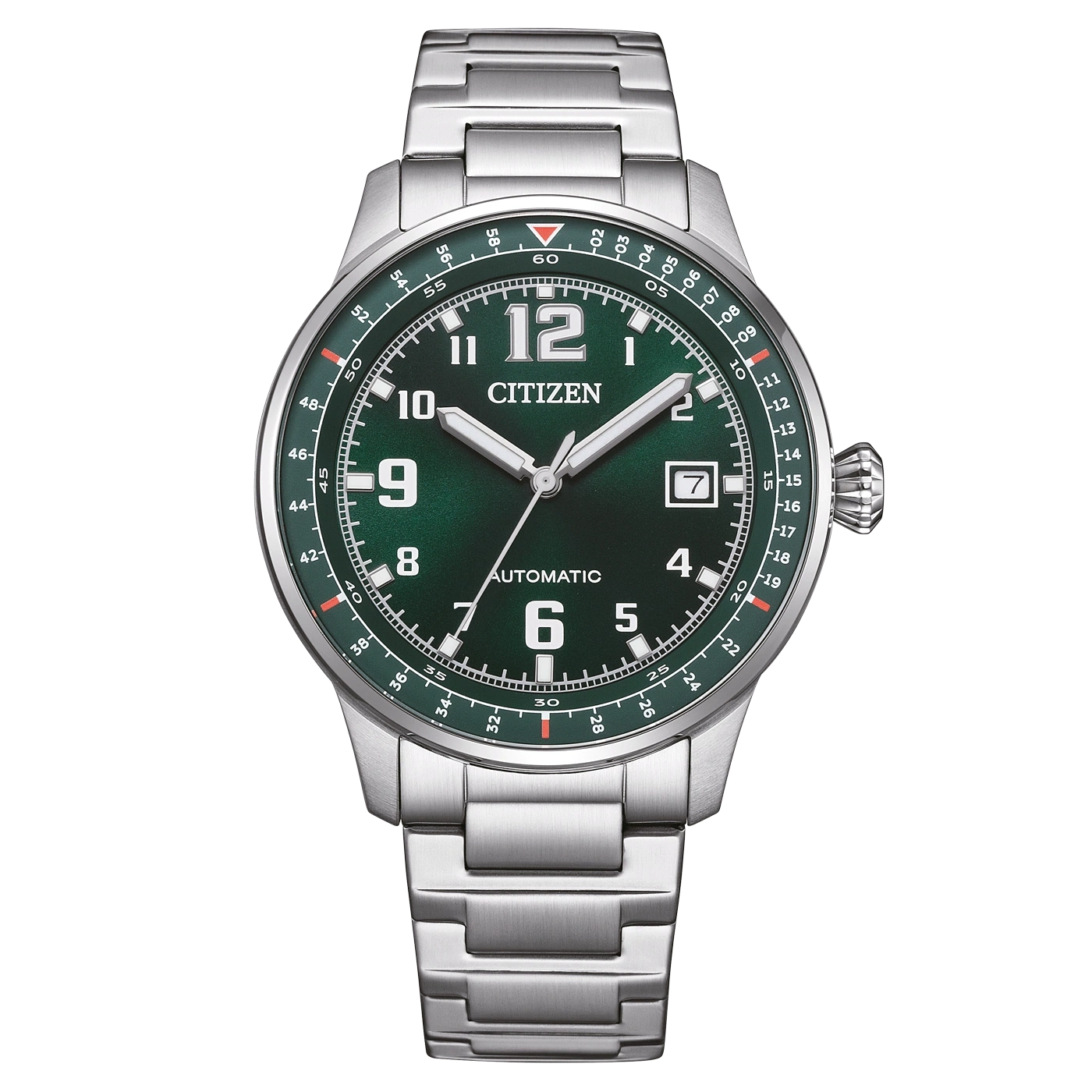 Montre Citizen automatique verte avec bracelet en métal.