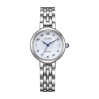 Montre Citizen avec cadran blanc et bracelet argenté, design élégant.
