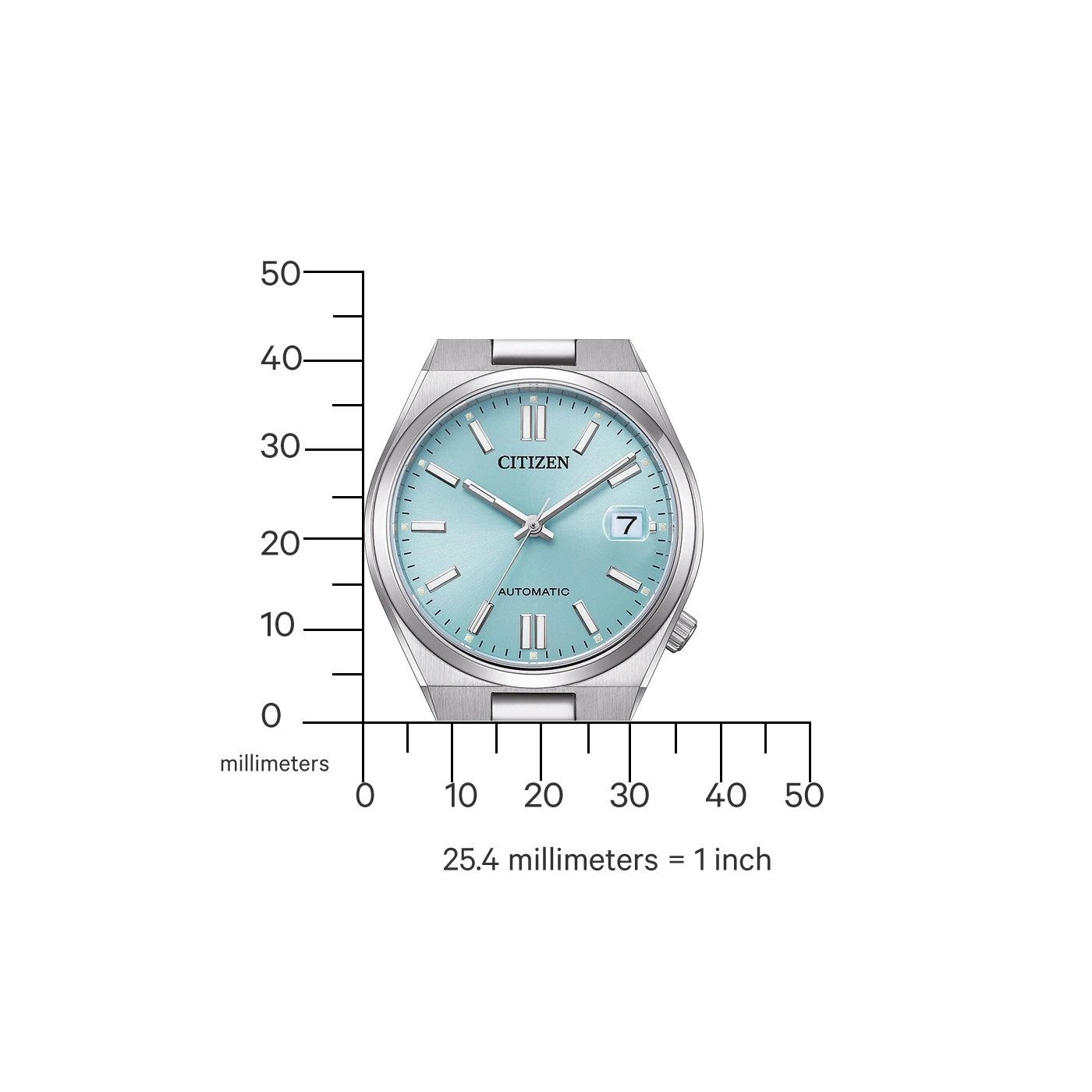 Une montre Citizen avec un cadran bleu clair et une règle graduée en millimètres.