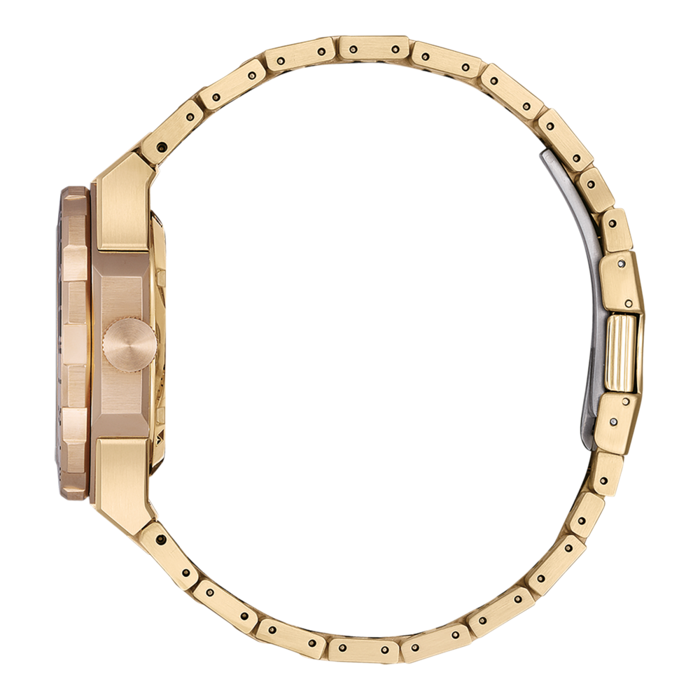 Montre dorée avec bracelet doré, vue latérale, design élégant, accessoire de luxe
