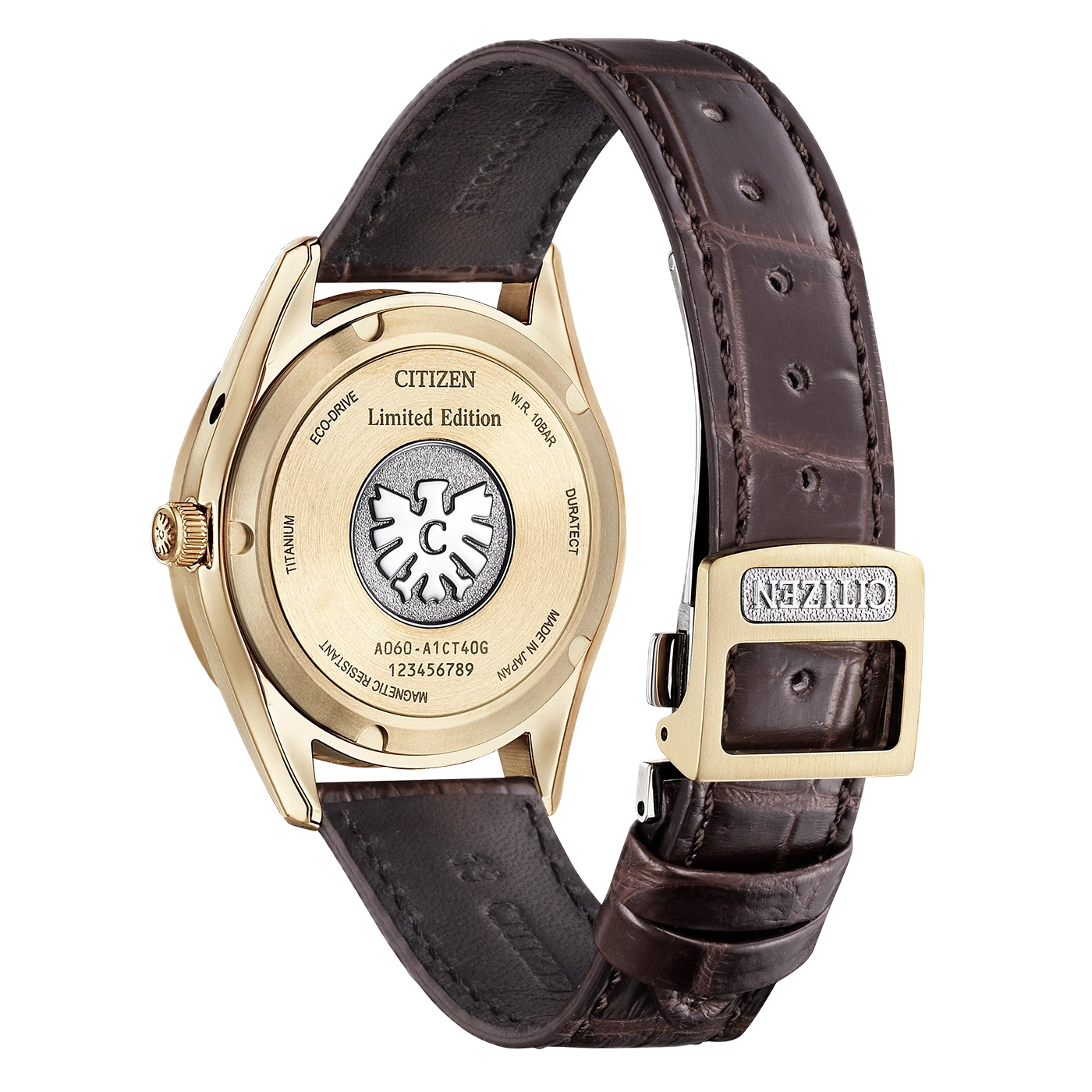 Montre Citizen Eco-Drive en or avec bracelet en cuir marron et boucle dorée.