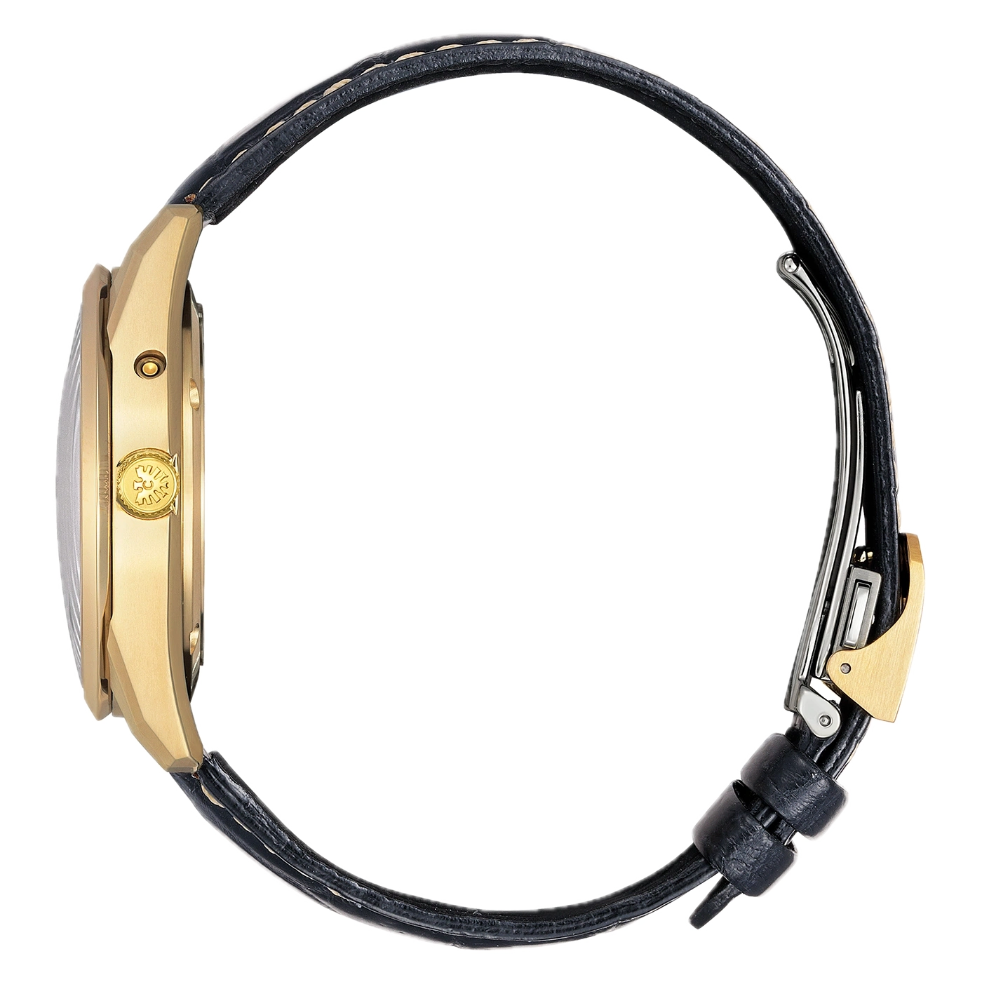 Montre dorée avec bracelet en cuir noir, vue latérale détaillée