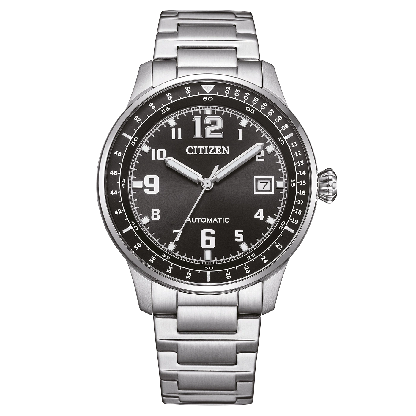 Une montre Citizen argentée avec un cadran noir et des index lumineux.