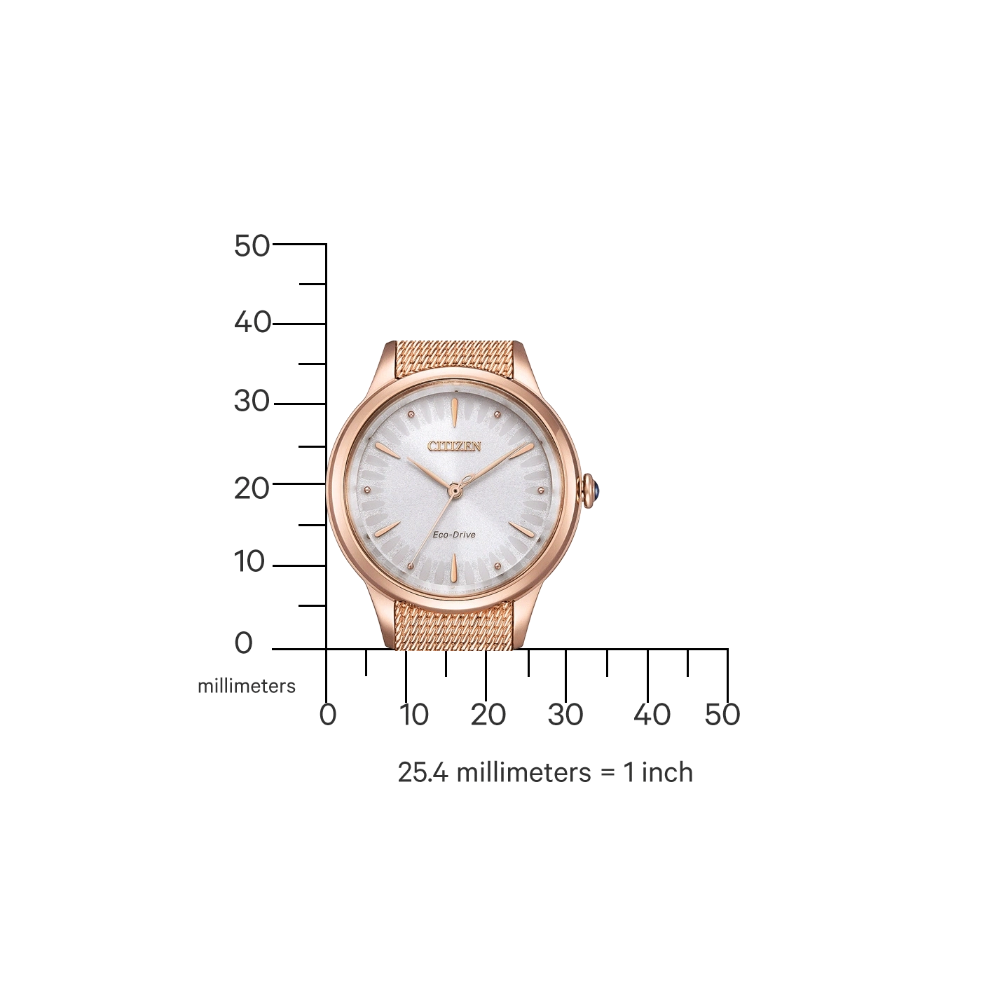 Une montre Citizen Eco-Drive en or rose sur une règle graduée.
