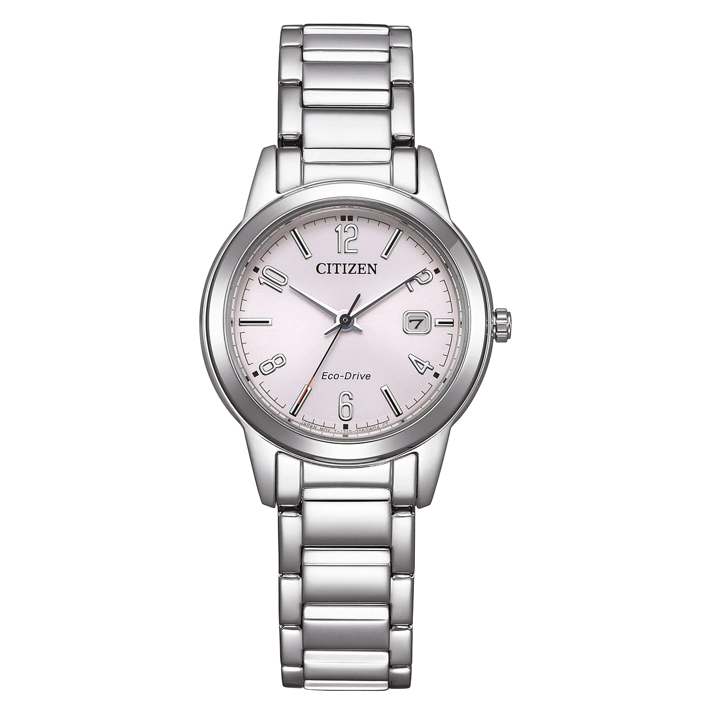 Montre Citizen Eco-Drive argentée sur fond blanc