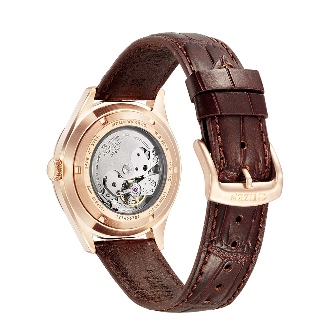 Citizen horloge met open achterkant en bruine leren band