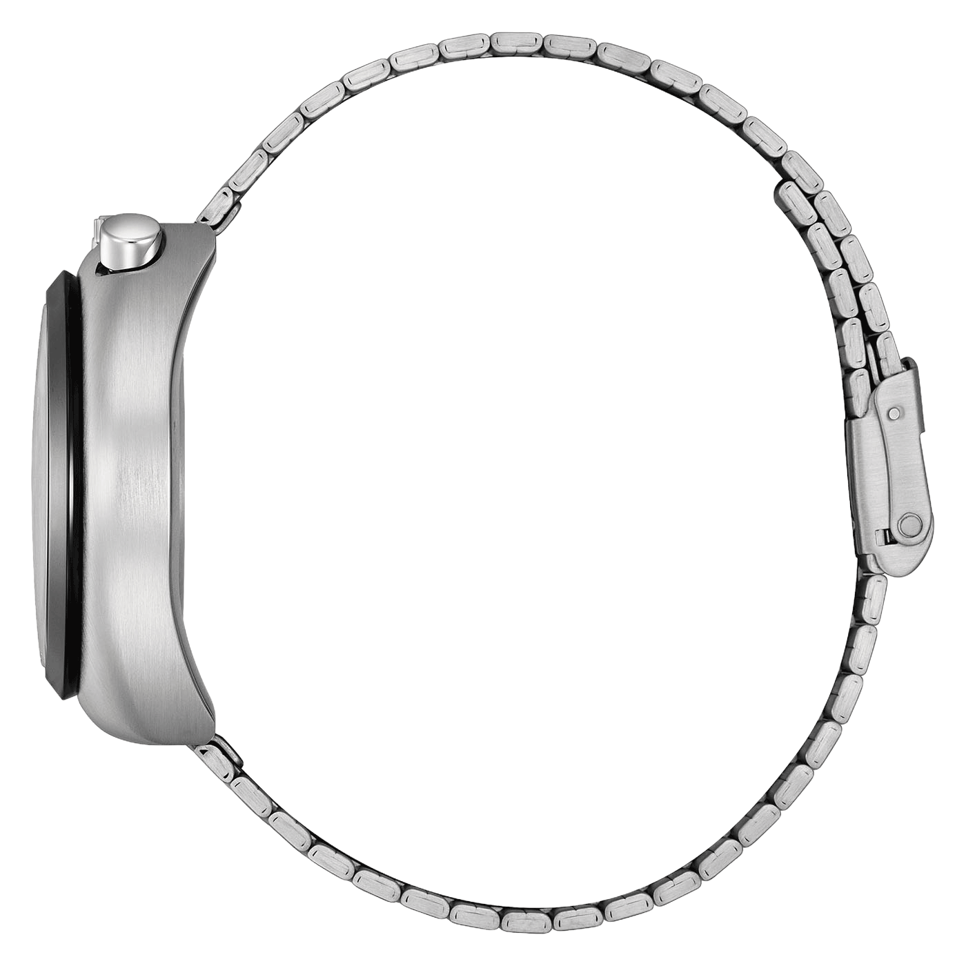 Montre bracelet argenté avec fermoir et maillons visibles.