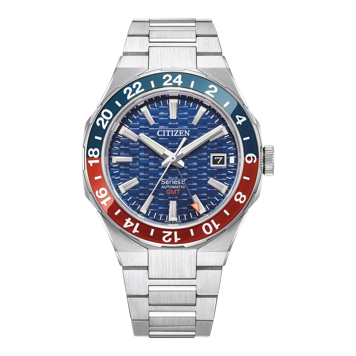 Montre Citizen automatique GMT bleu avec lunette bicolore rouge et bleue.