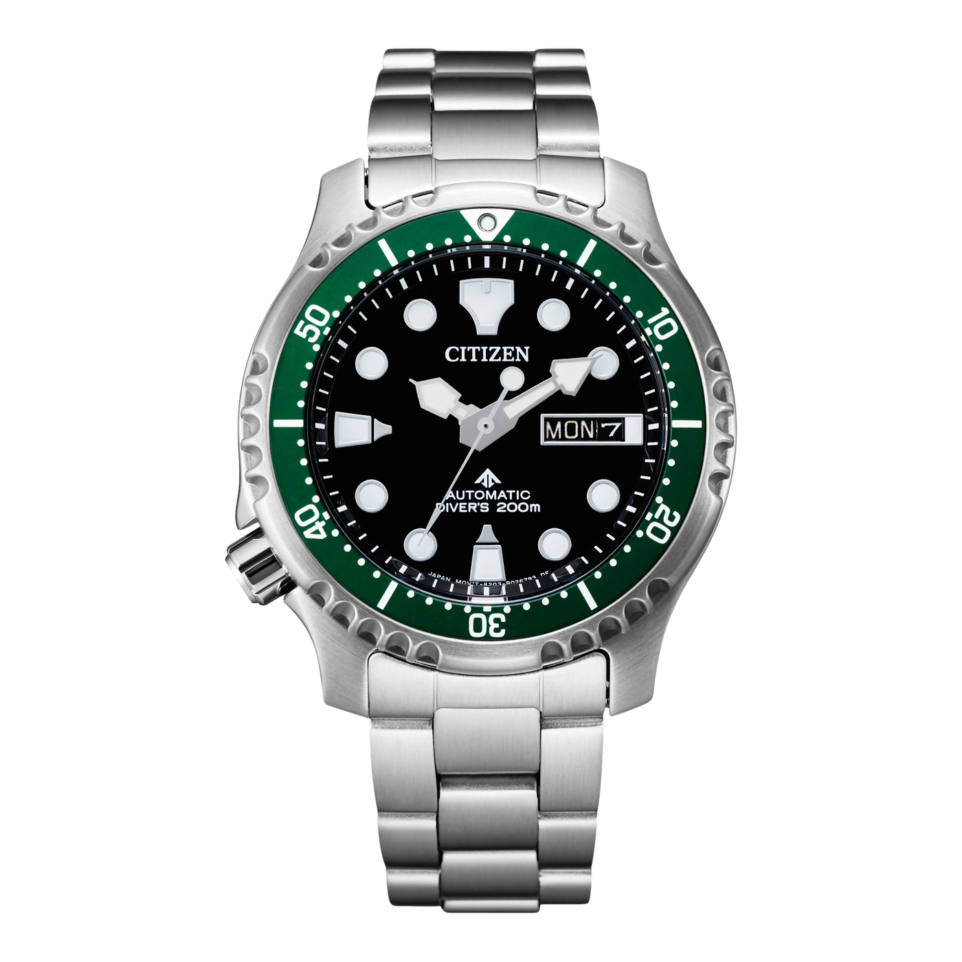 Montre Citizen automatique verte avec bracelet argenté.