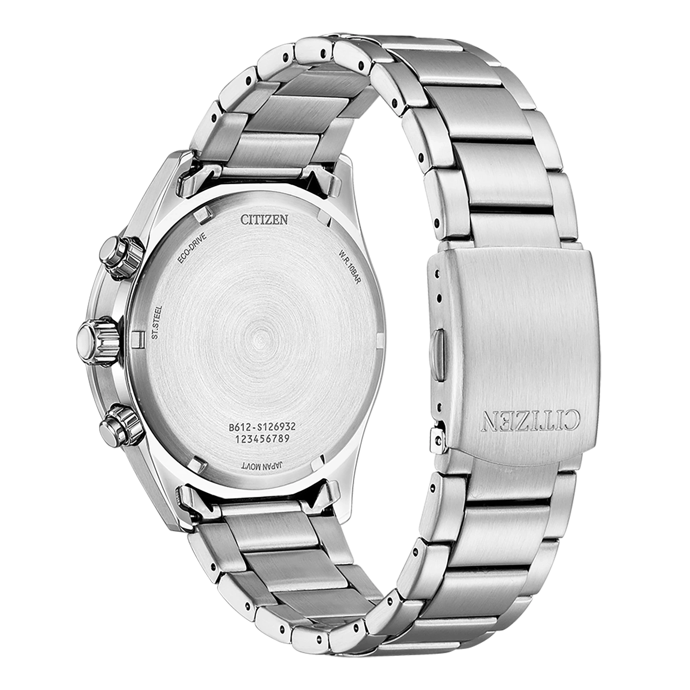 Vue arrière d'une montre bracelet en acier inoxydable Citizen