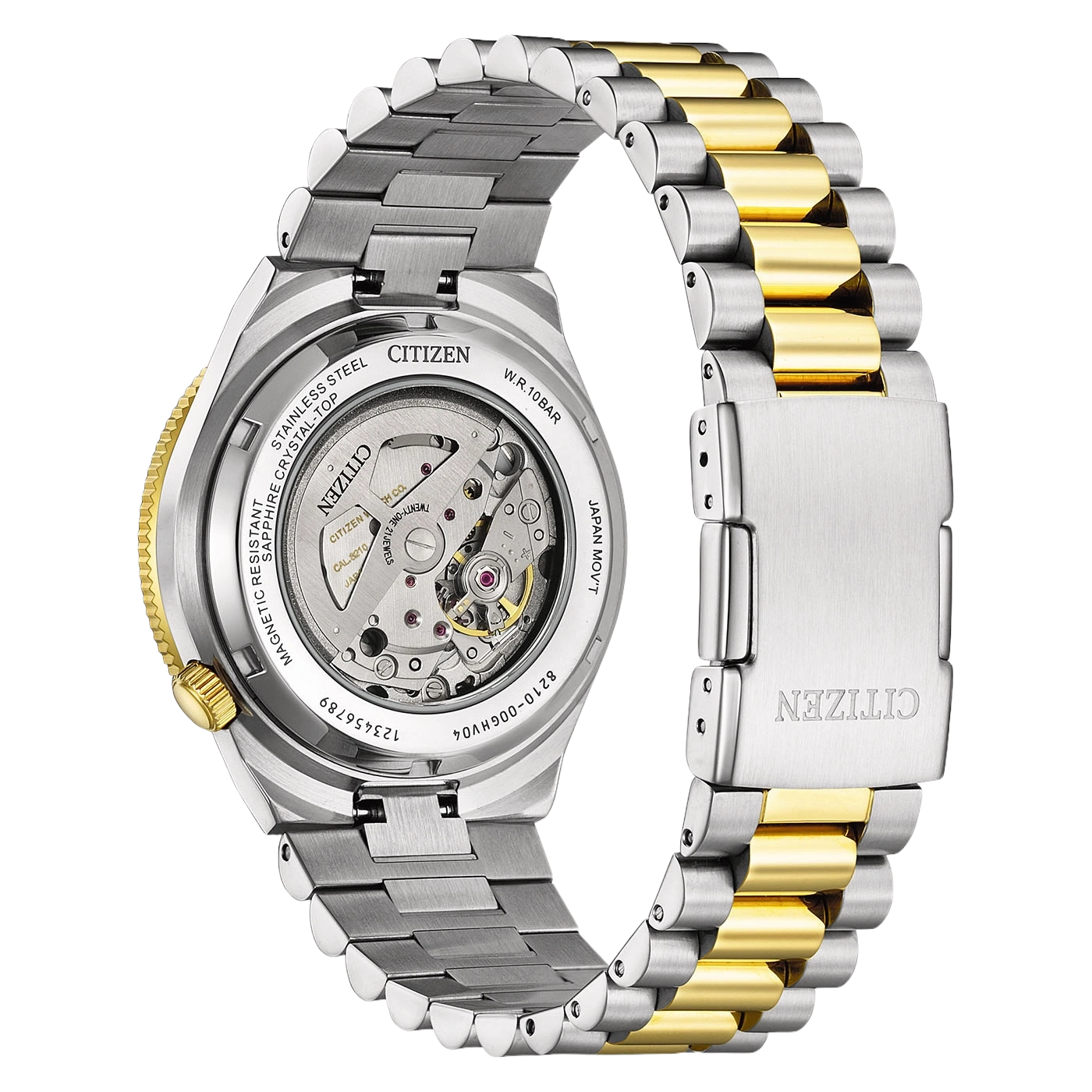 Montre Citizen avec mouvement apparent et bracelet bicolore.