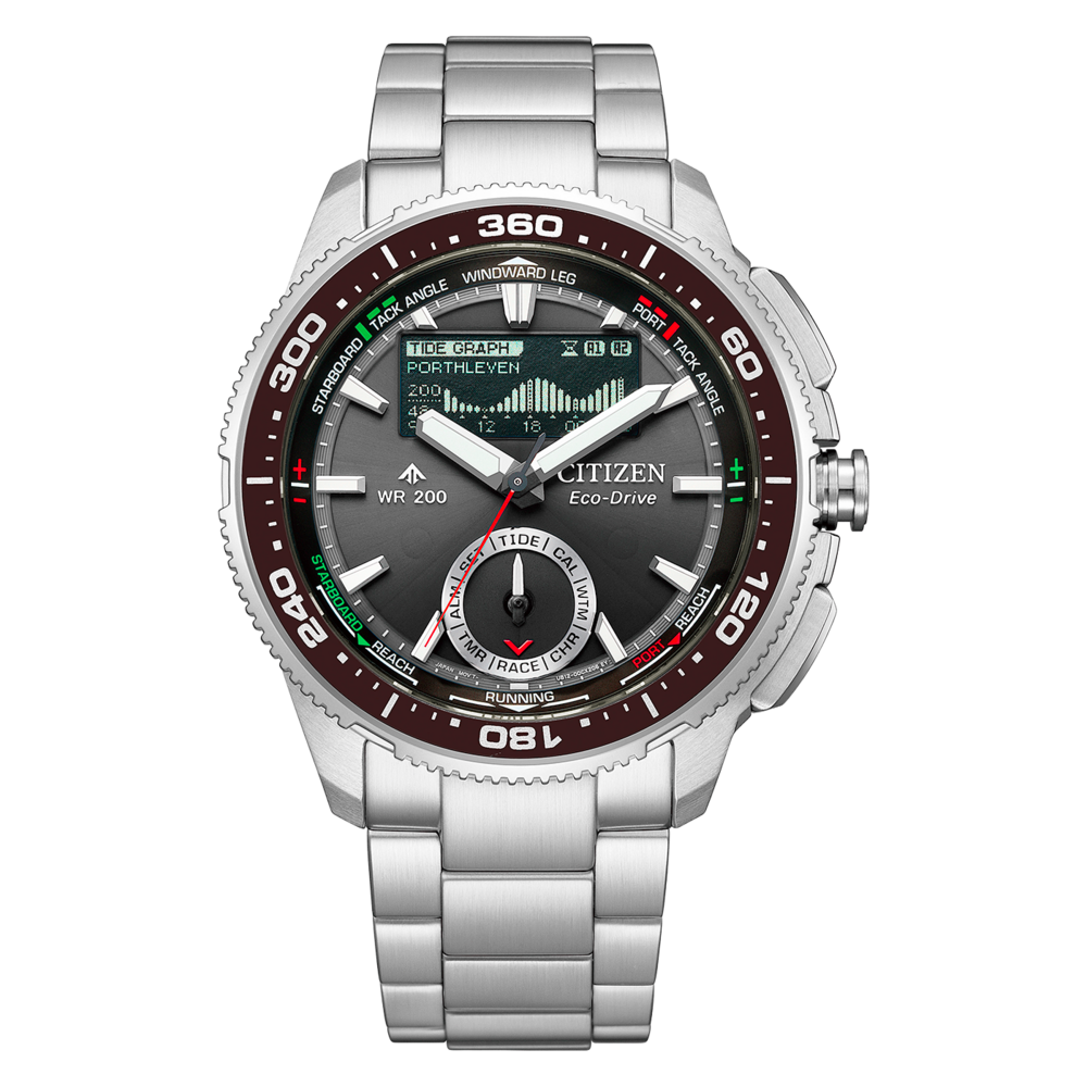 Citizen Eco-Drive Uhr mit digitalem Zifferblatt für Gezeiten und Uhrzeit.