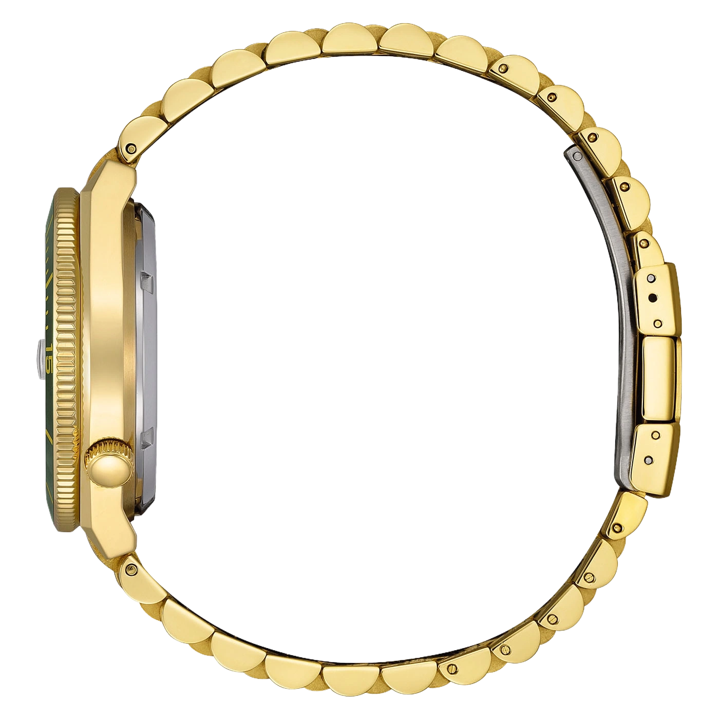 Montre bracelet en or avec lunette verte, vue latérale sur fond blanc.