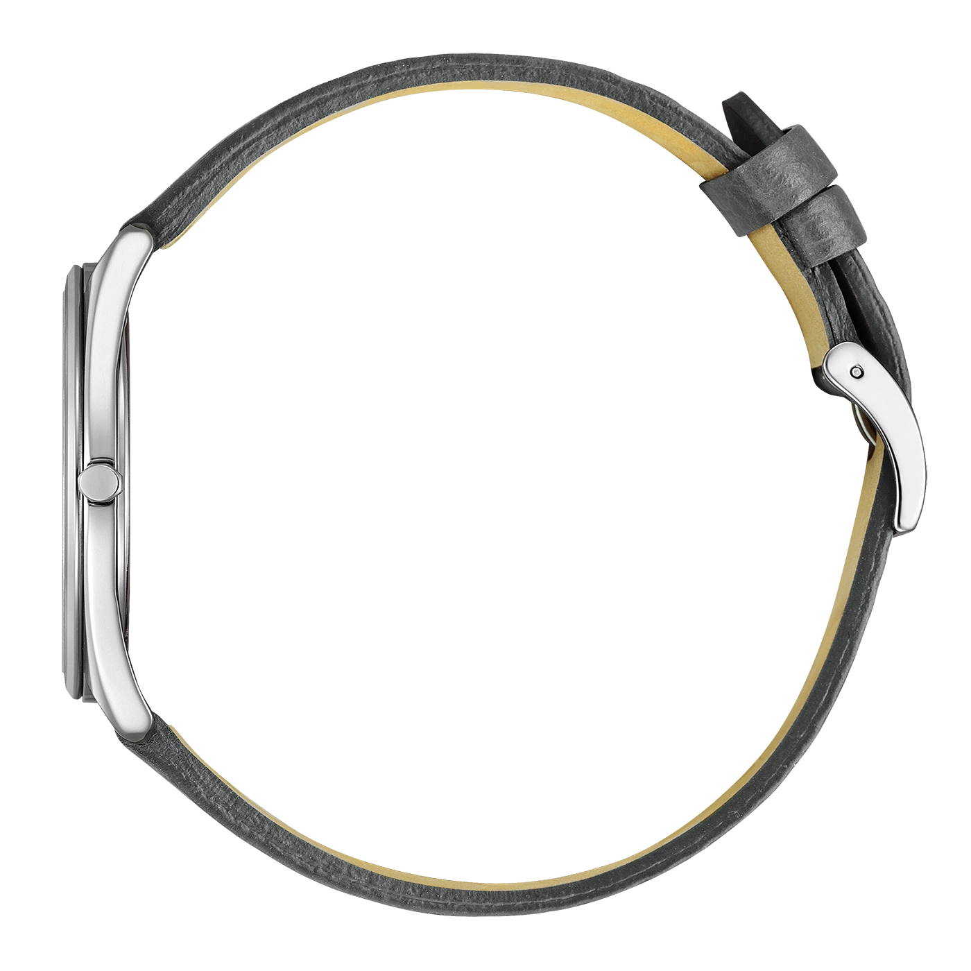 Montre à bracelet en cuir gris avec boucle argentée.