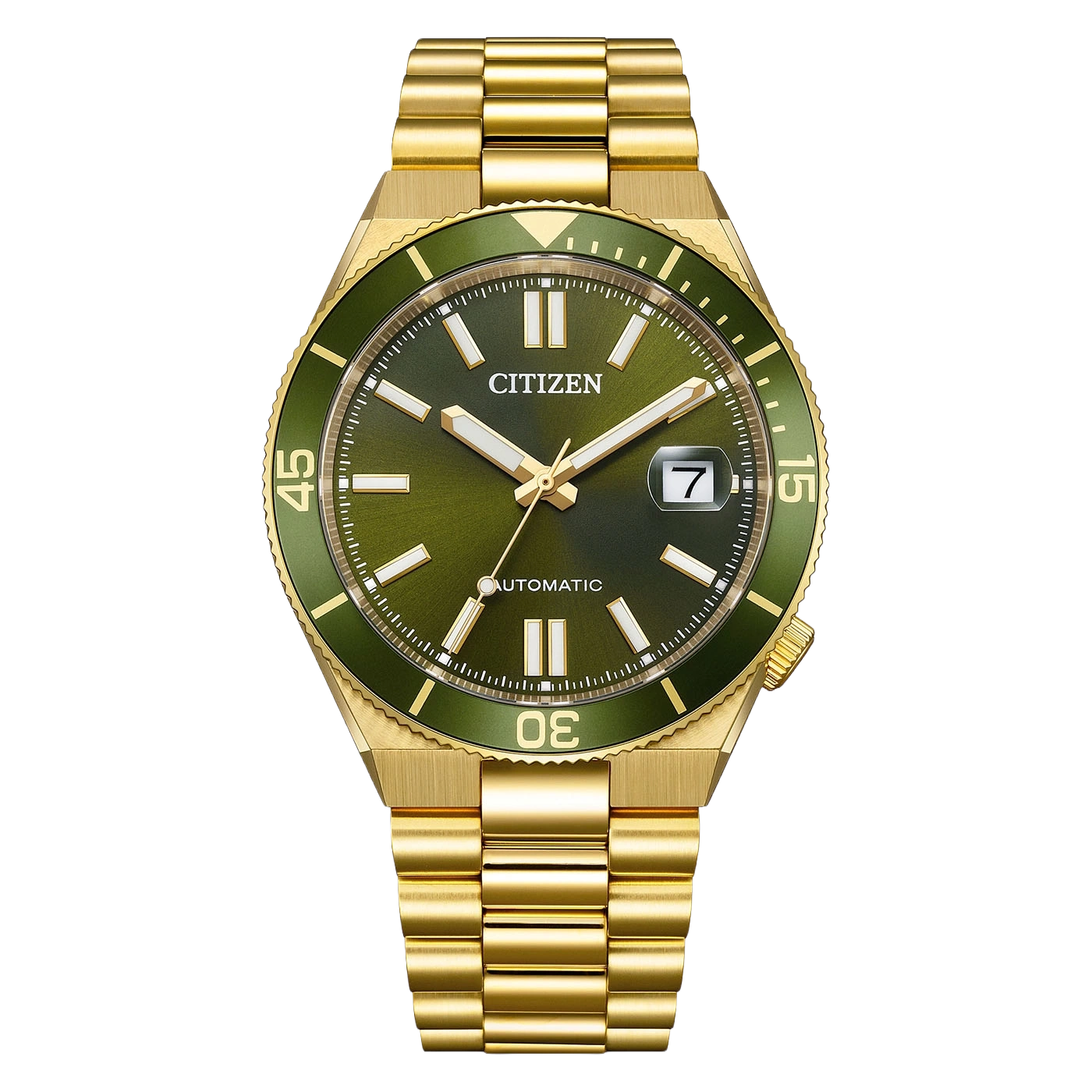 Une montre Citizen dorée avec un cadran vert et une lunette assortie, sur fond noir.