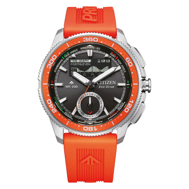 Citizen Eco-Drive Uhr in Orange und Grau mit Kautschukarmband.