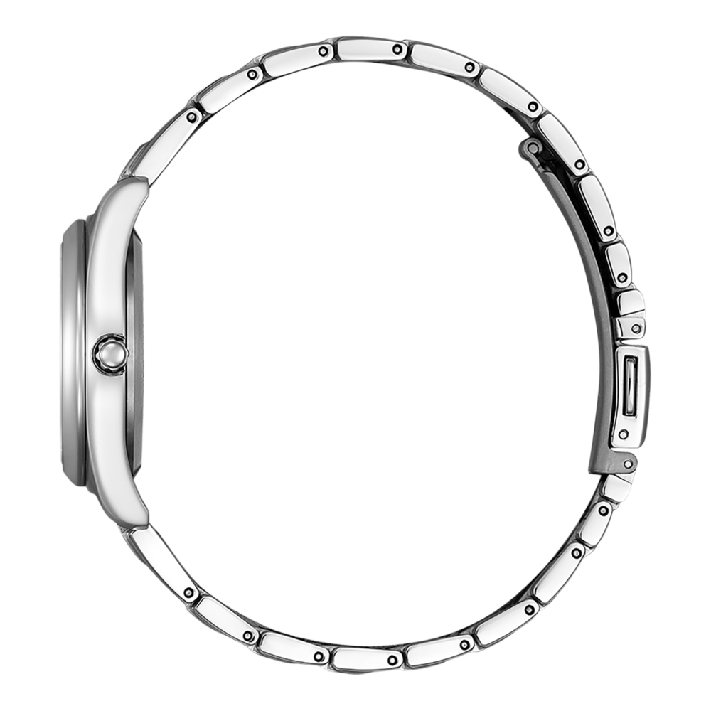 Vue latérale d'une montre-bracelet argentée avec bracelet en métal, design élégant.
