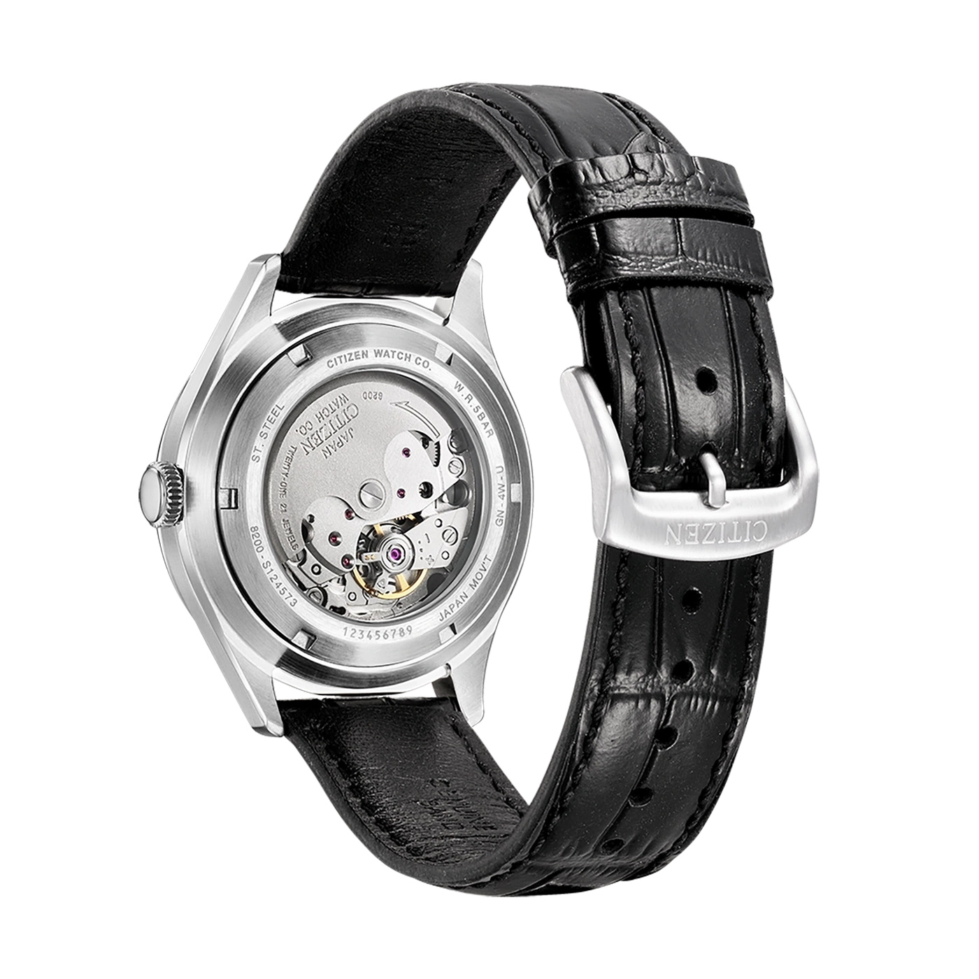 Citizen automatische horloge met glazen achterkant en zwart lederen band
