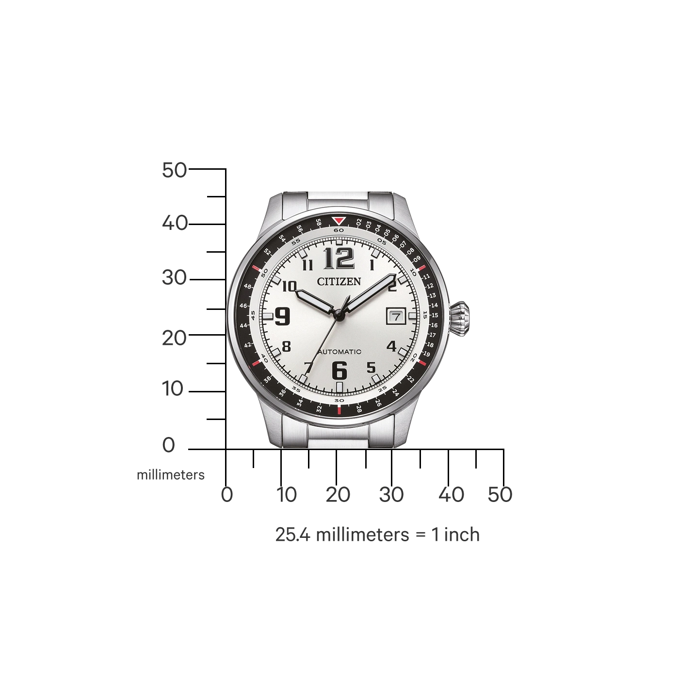 Montre Citizen automatique argentée avec cadran blanc et échelle de mesure.