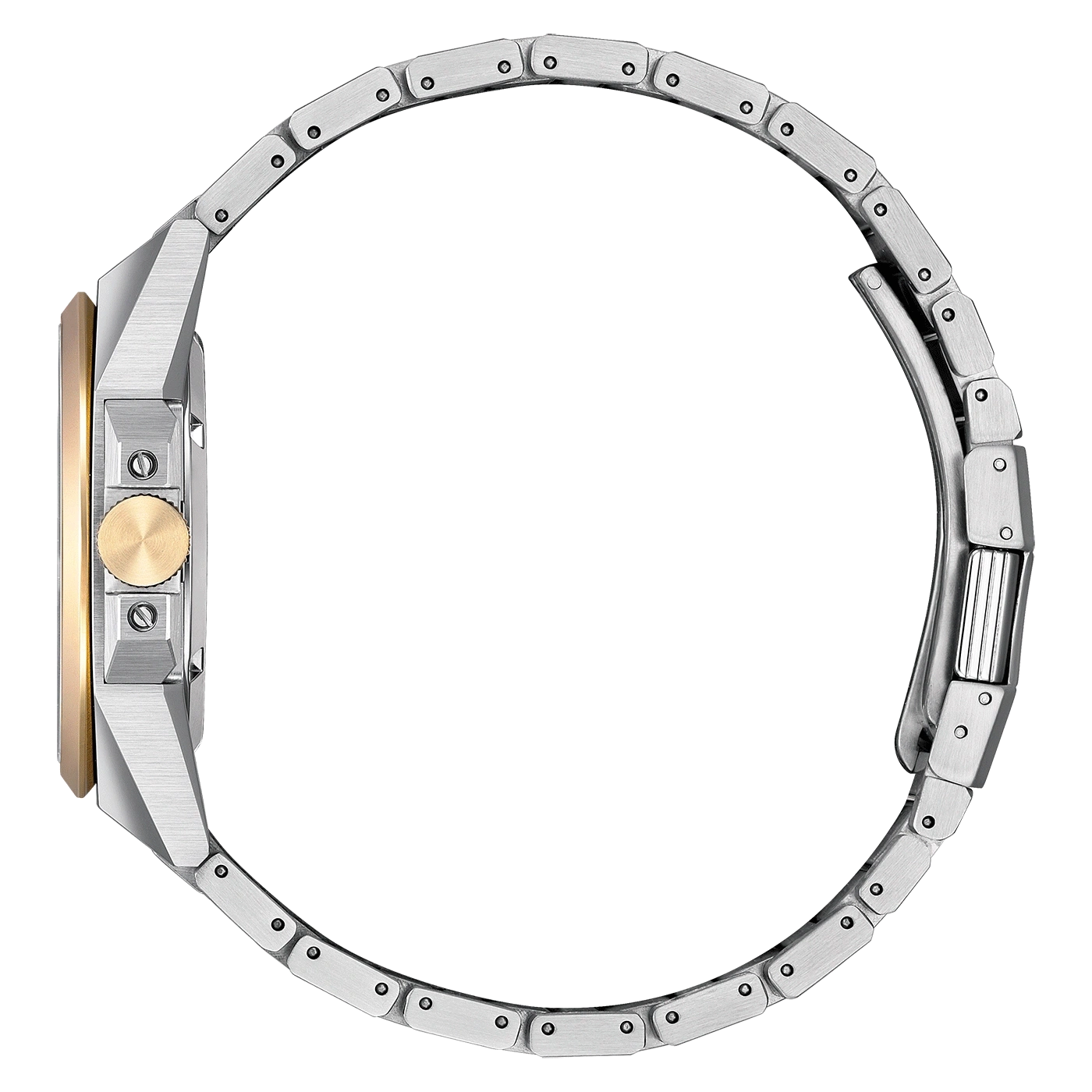 Une vue latérale d'une montre bracelet argent et or.