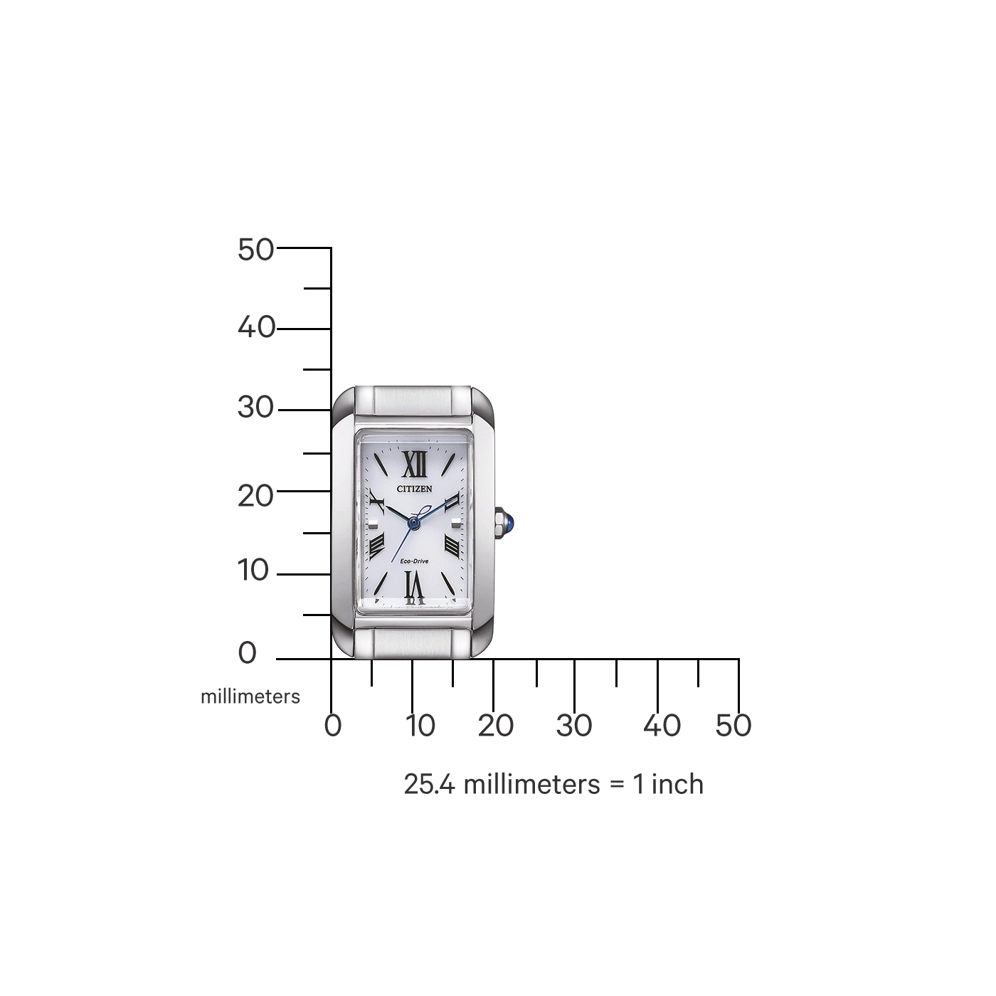 Montre Citizen sur une réglette graduée en millimètres, pour visualiser sa taille.