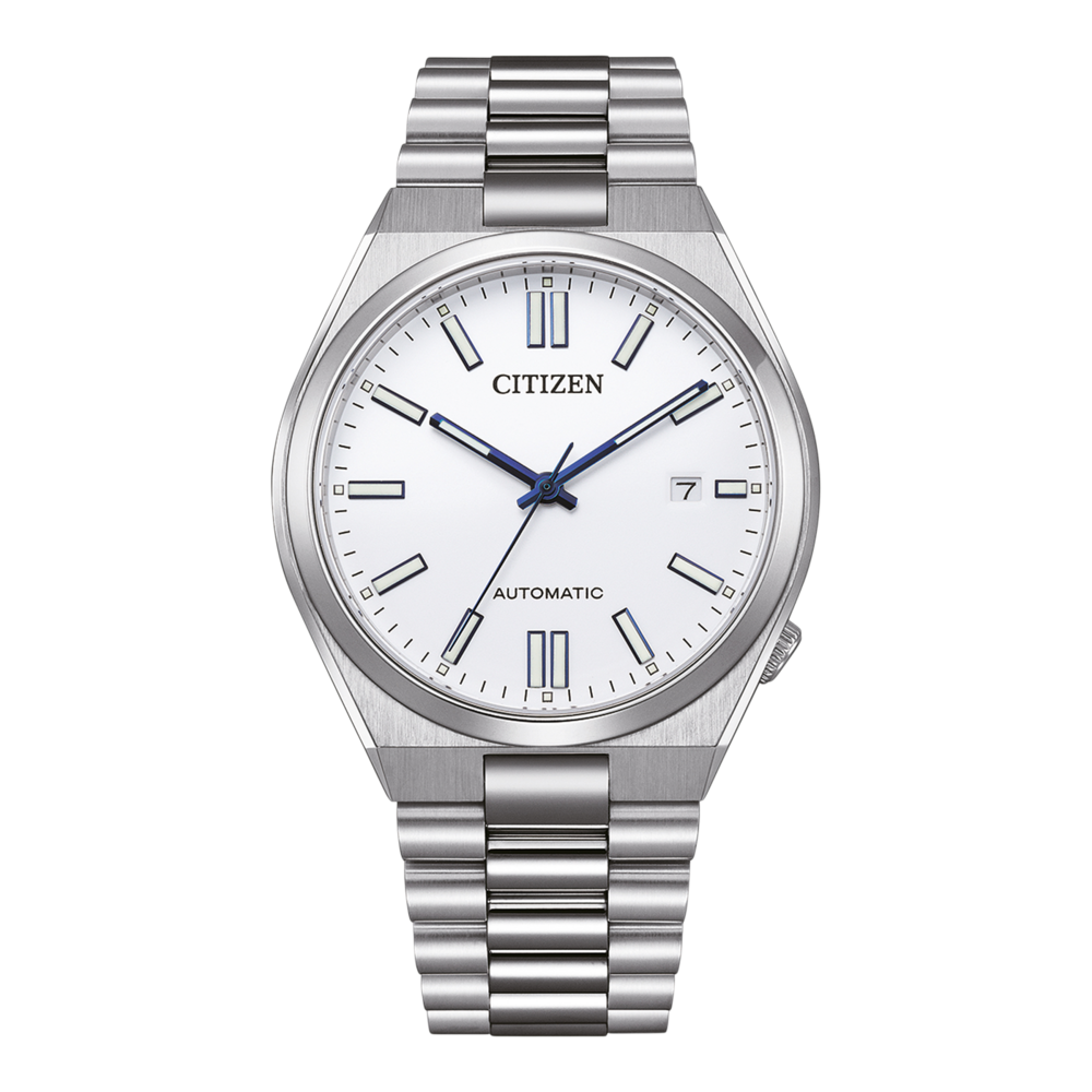 Montre Citizen avec cadran blanc, aiguilles bleues et bracelet argenté.