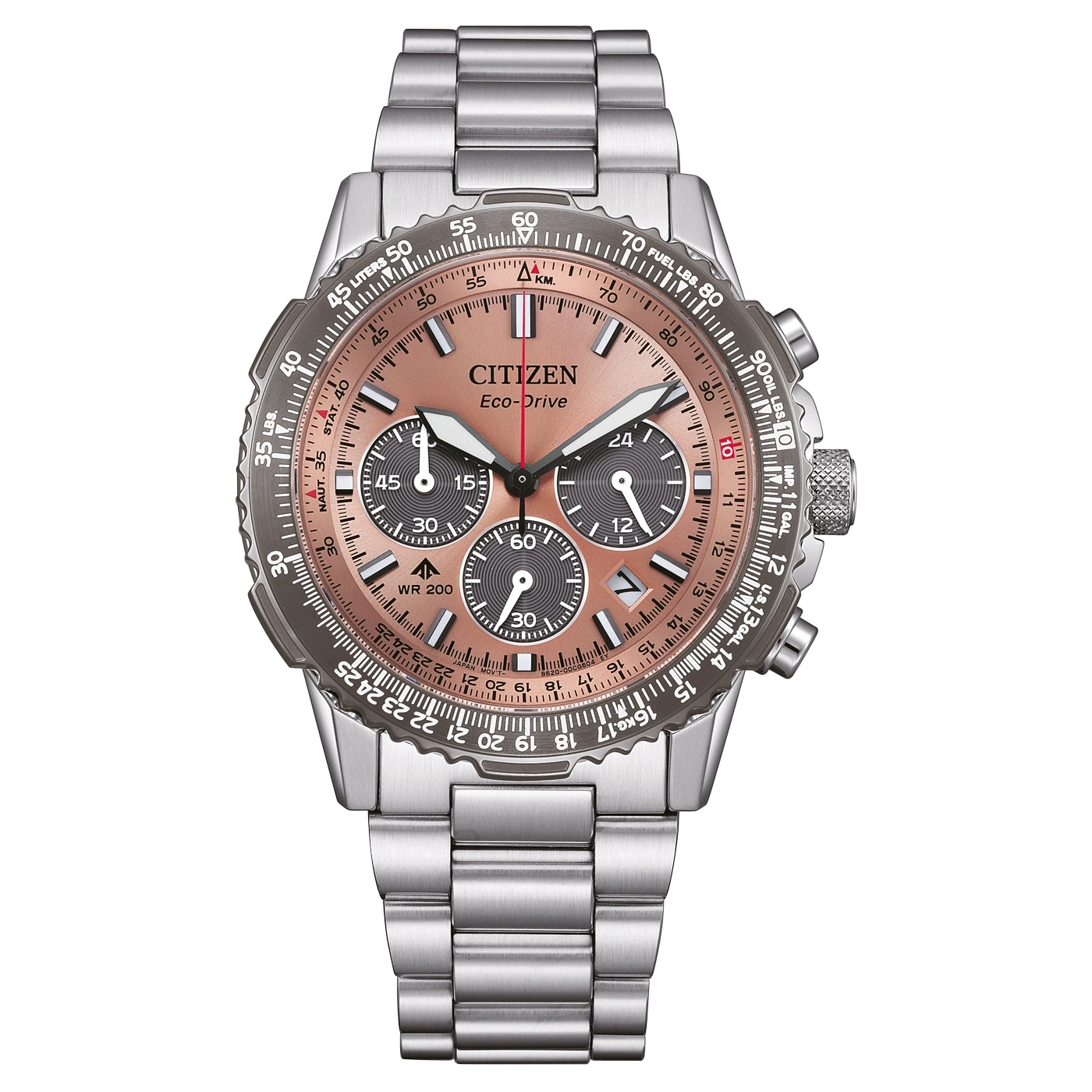 Une montre homme Citizen Eco-Drive avec cadran saumon et bracelet argenté.