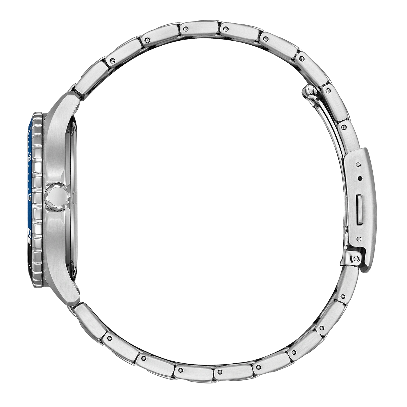 Montre-bracelet en argent, vue latérale sur fond blanc