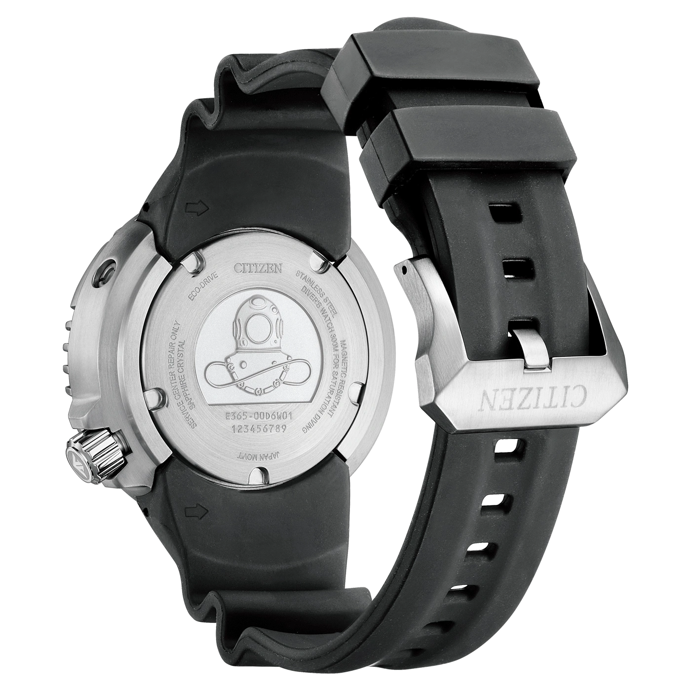 Montre Citizen Eco-Drive, boîtier en acier, bracelet en caoutchouc noir.
