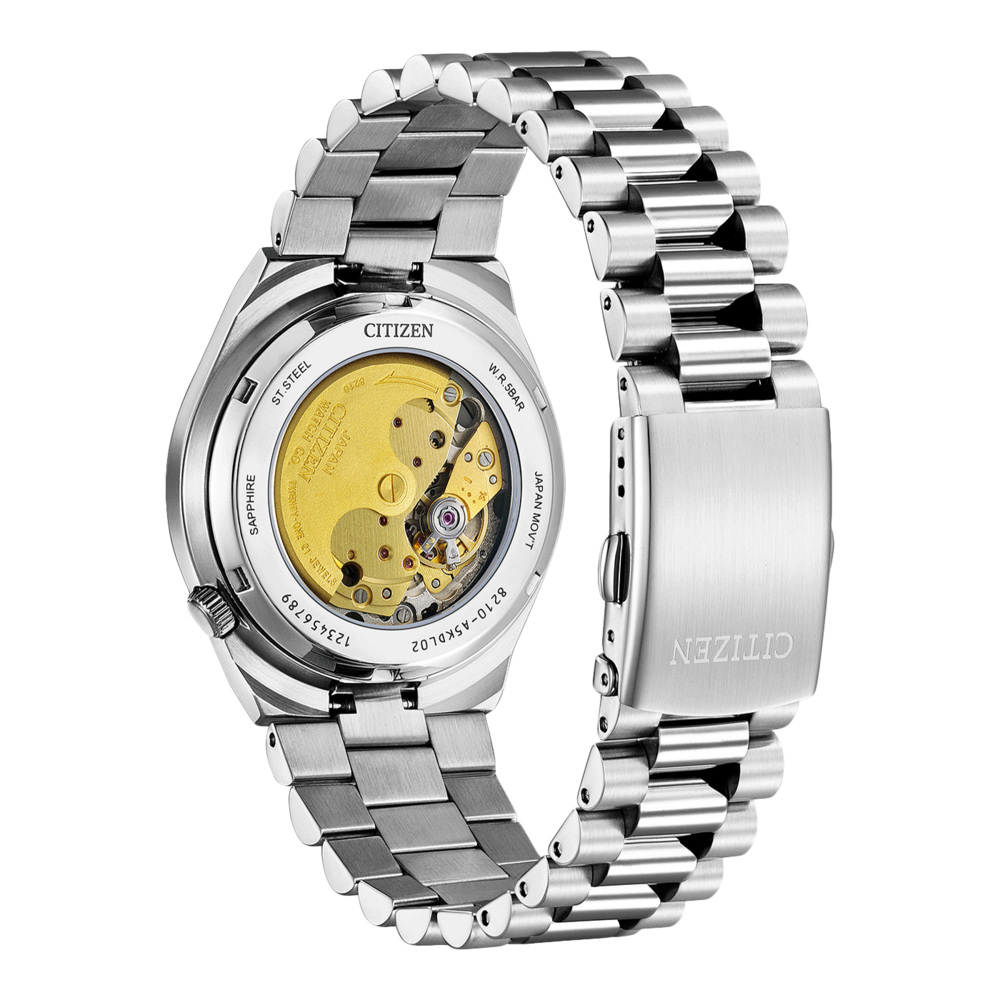 Montre Citizen avec mouvement apparent, bracelet en acier inoxydable.