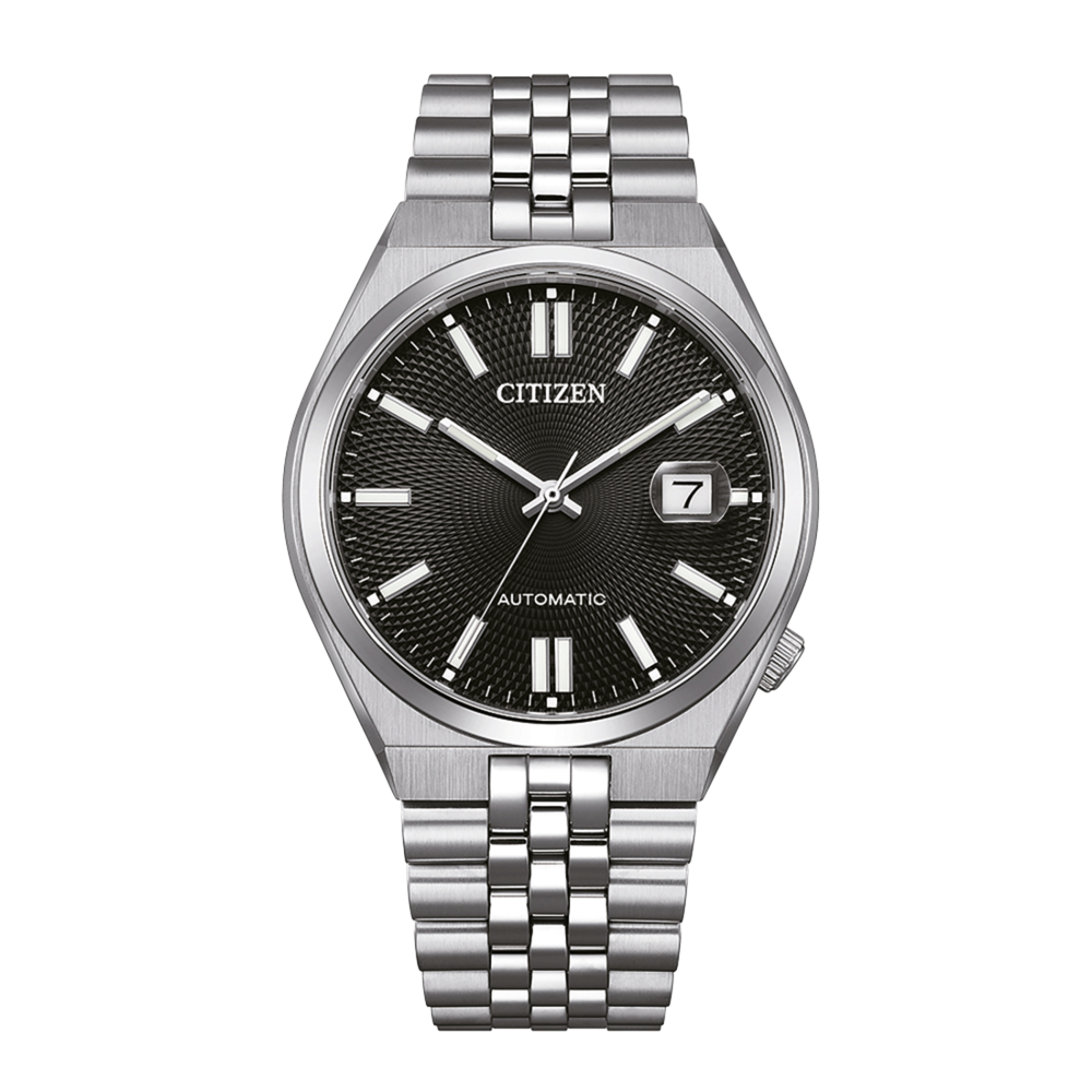 Montre automatique Citizen avec cadran noir et bracelet argenté.