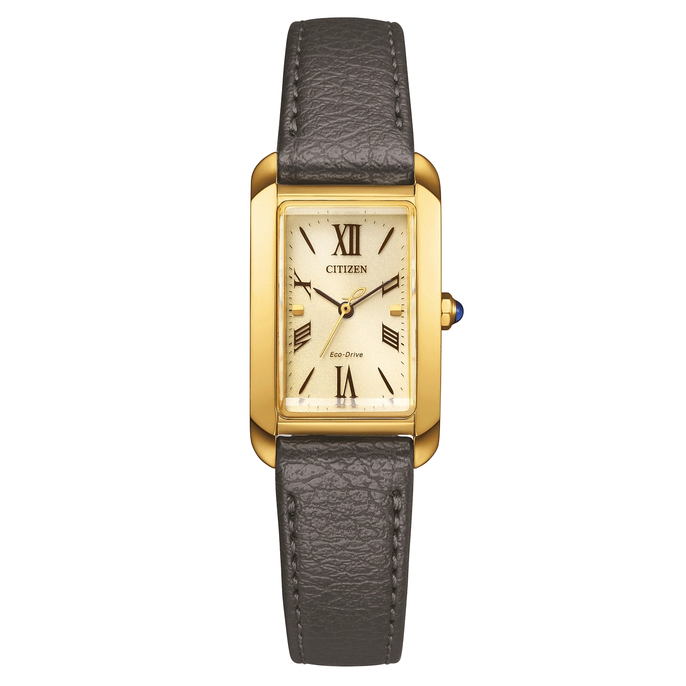 Montre Citizen rectangulaire dorée avec bracelet en cuir gris et chiffres romains.