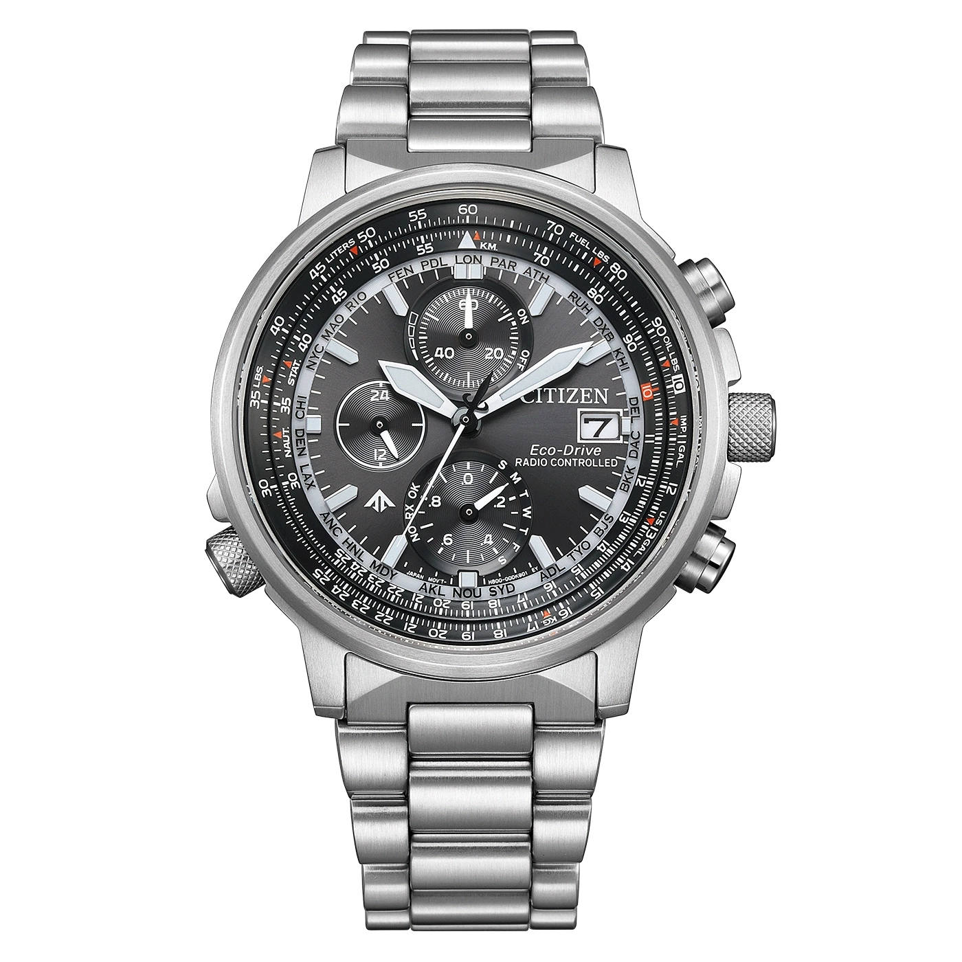 Une montre-bracelet Citizen Eco-Drive en argent avec un cadran noir.