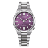 Montre Citizen avec cadran violet et bracelet argenté, automatique.