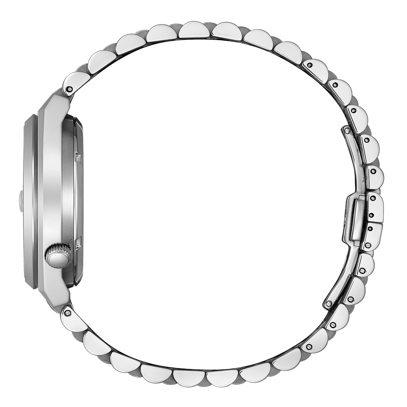 Vue lat
rale d'une montre bracelet m
etallique argent
e.