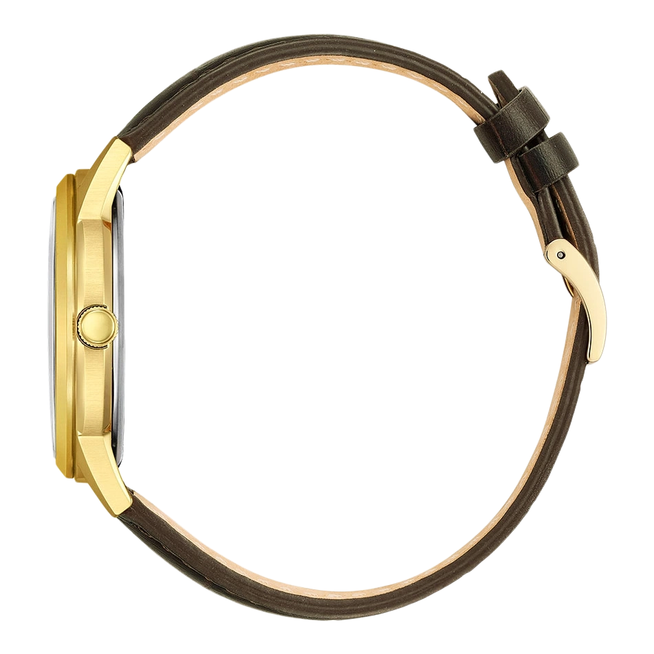 Image d'un bracelet de montre en cuir marron et d'une boucle dorée