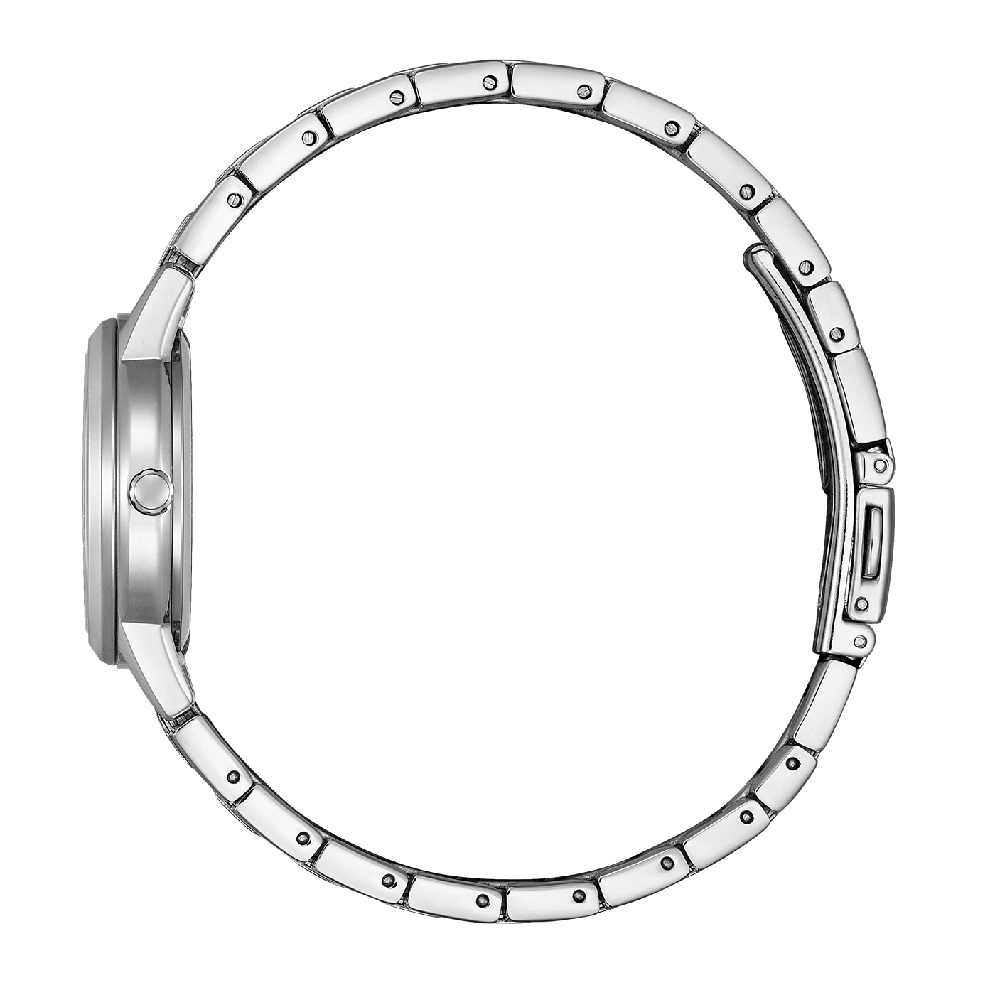 Gros plan sur une montre bracelet en métal argenté sur fond blanc.
