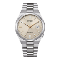 Montre Citizen automatique avec cadran champagne et bracelet en argent.