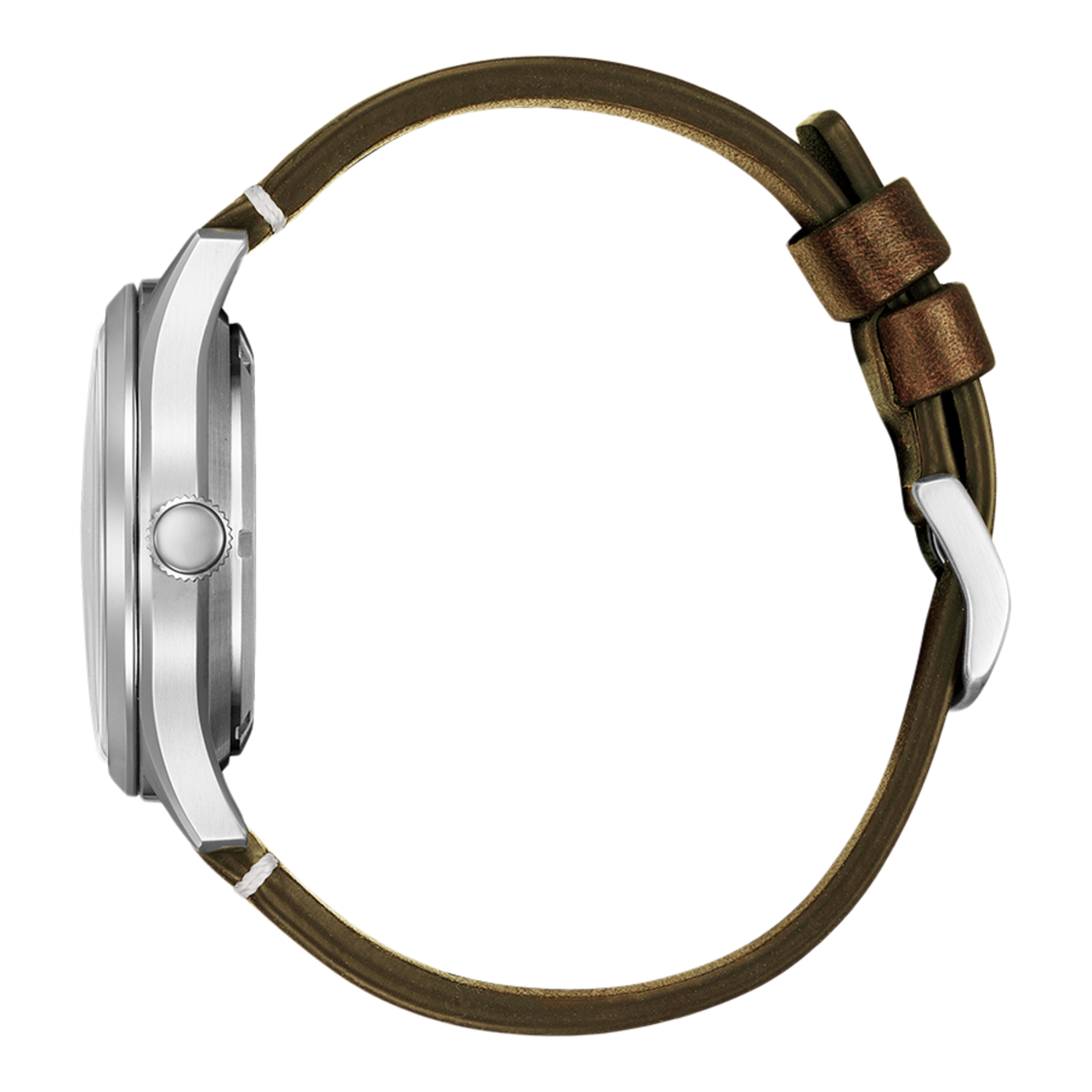 Vue latérale d'une montre argentée avec un bracelet en cuir marron.