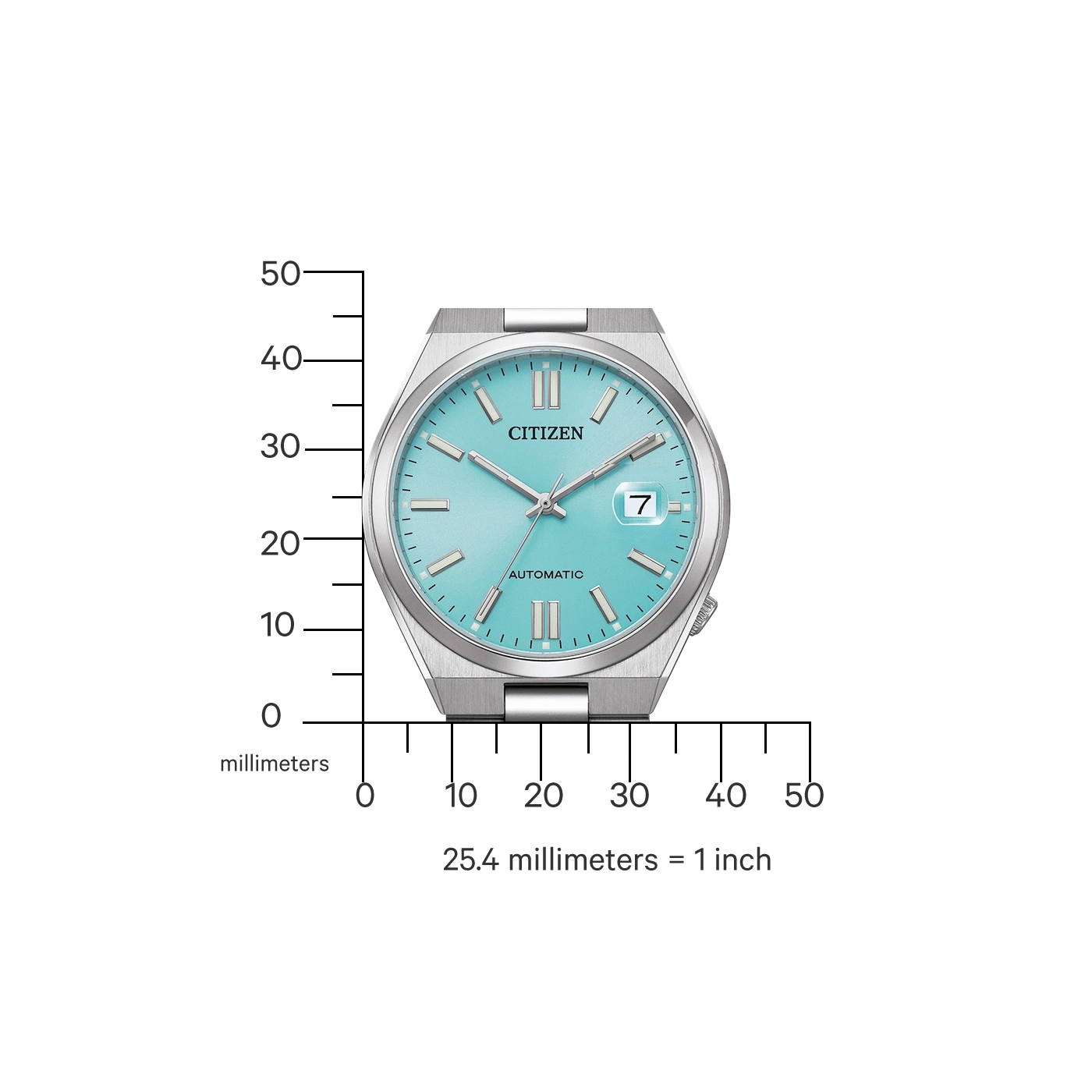 Blauwe Citizen horloge met millimeterschaal.