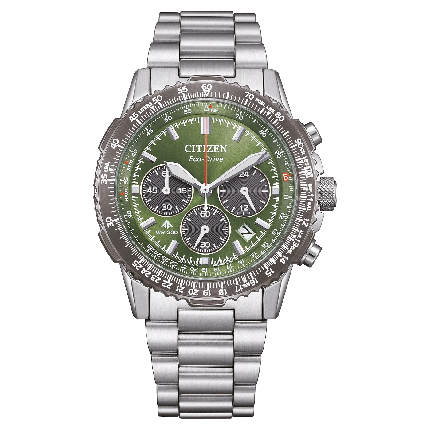 Montre Citizen Eco-Drive verte avec bracelet en métal et lunette de calcul