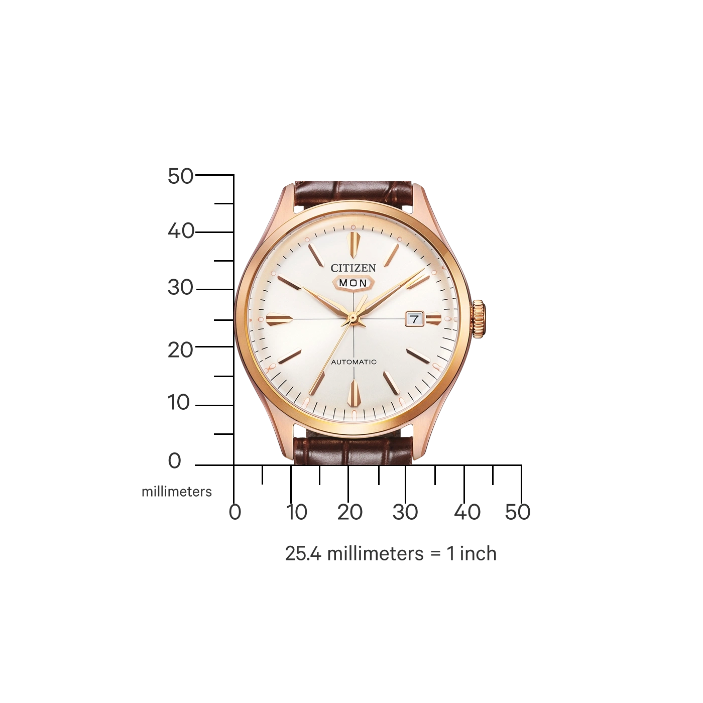 Een Citizen horloge met een witte wijzerplaat en bruine leren band.