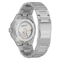 Montre Citizen en acier inoxydable, mouvement apparent, bracelet métallique.