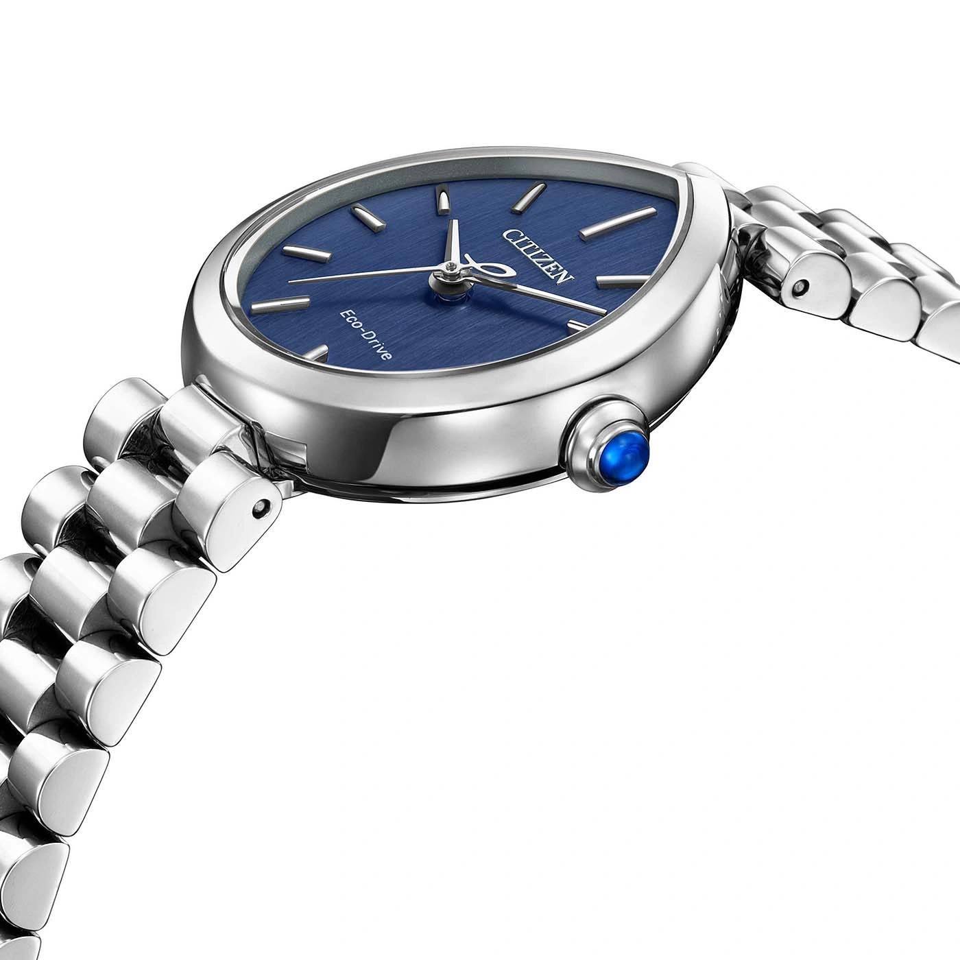 Eine stilvolle blaue Citizen Eco-Drive Uhr mit silbernem Armband.