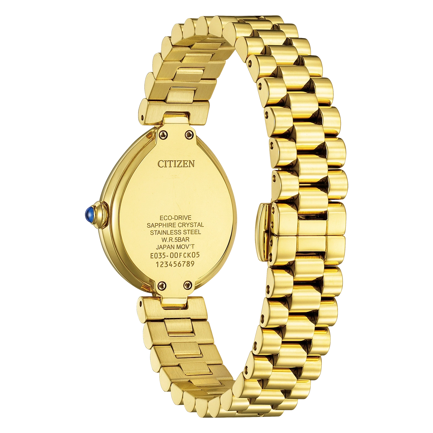 Montre Citizen dorée en or avec bracelet, vue arrière et détails
